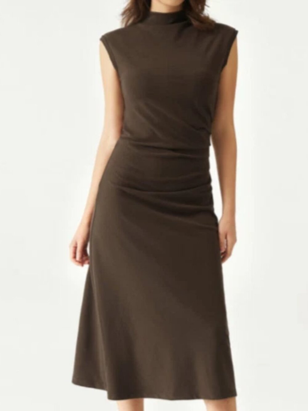 OGL Cocoa Brown Mockneck Drapey Midi Dress Medium NWT - Picture 5 of 12